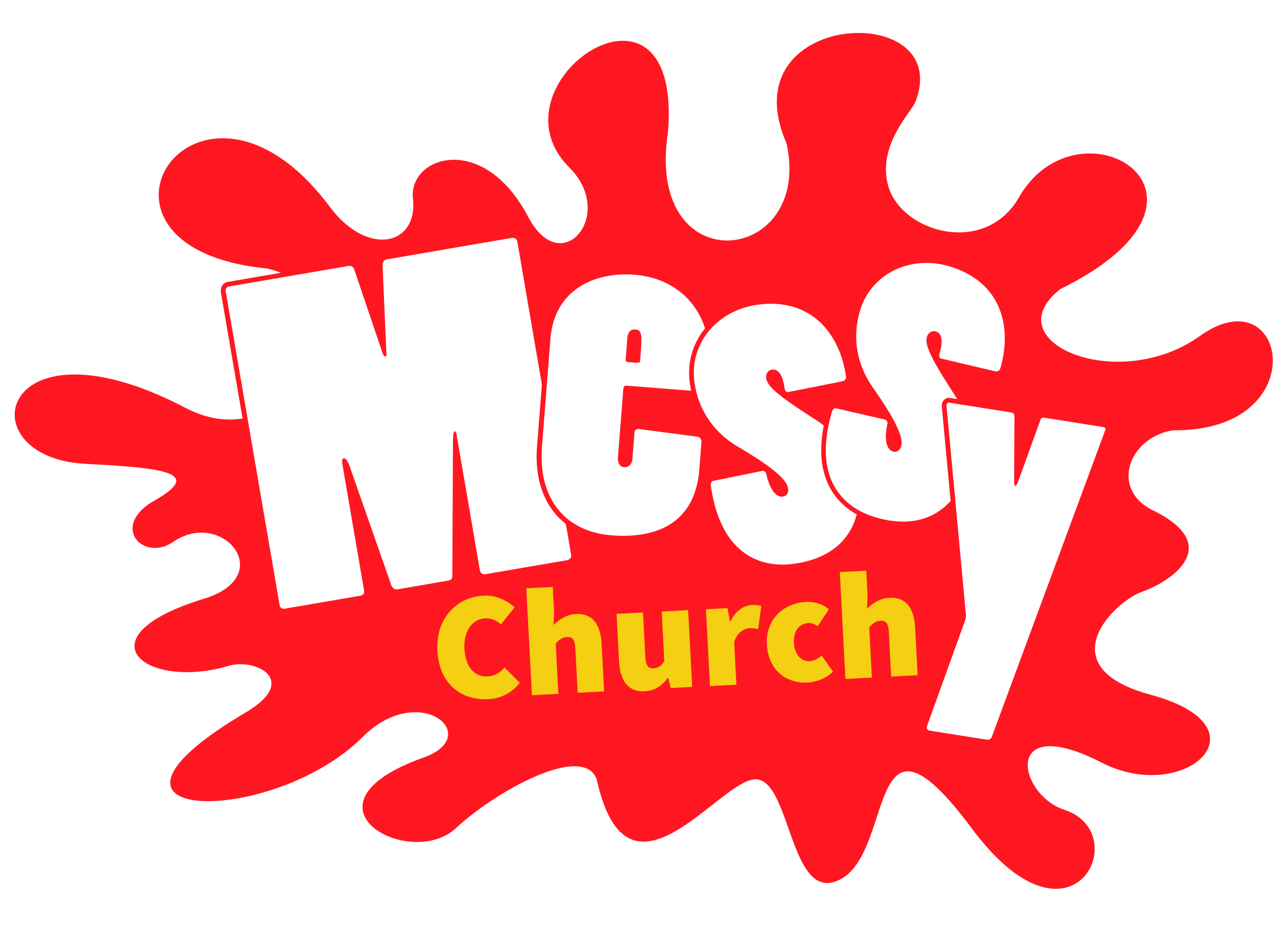 Punainen maalitahran muotoinen pohja, jolla teksti Messy Church
