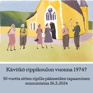 Piirretty keltainen kirkko, johon joukko ihmisiä on menossa sisälle. Alla teksti: Kävitkö rippikoulun vuonn...
