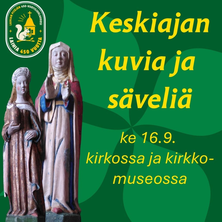vihreäpohjainen mainos, jossa kaksi keskiaikapatsasta
