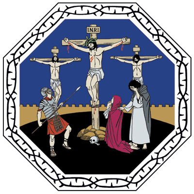 Pitkäperjantain jumalanpalvelus Piirroskuva Golgatasta. Kolme ristiinnaulittua, Jeesus keskellä.