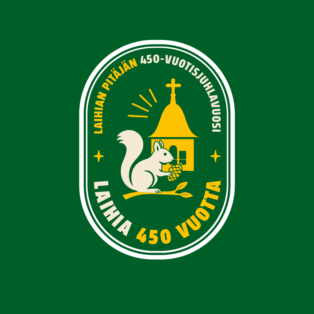 Laihian pitäjän 450 juhlavuoden logo: Laihian vaakunan orava, taustalla kirkontorni